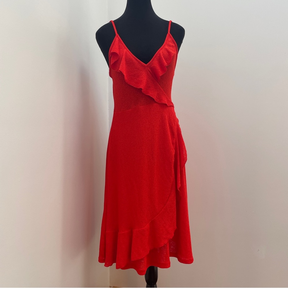 Zara- Red V Neck Sleeveless Mini Dress with Lettuce Trim Details Size Small